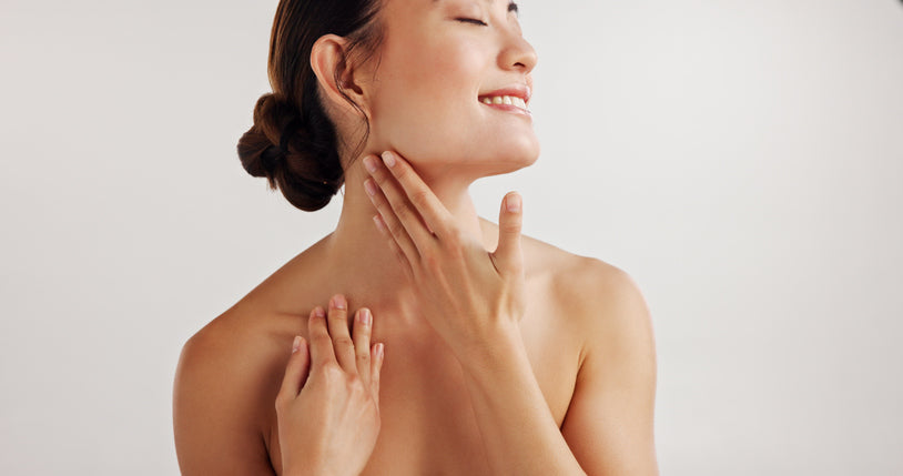 Confident, girl and touch for skincare in studio of facial treatment, dermatology and transformation glow. Happy, woman and natural of beauty, organic cosmetic and aesthetic space on white background